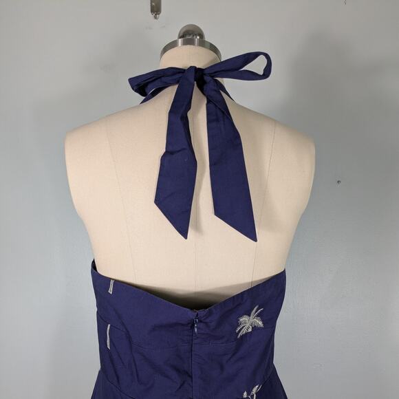 Tori Richard Maxi Dress 12 Blue Halter Tropical Palm Tree Long Beachy Navy - Picture 4 of 12